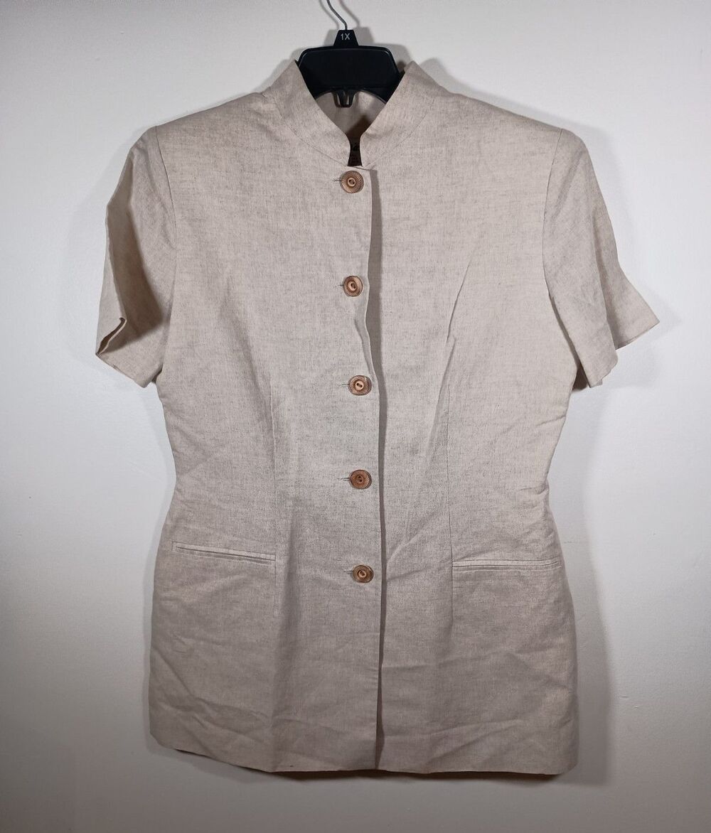 Vintage NY Sake Linen Blend Beige Short Sleeve Button Mandarin Collar Size 10